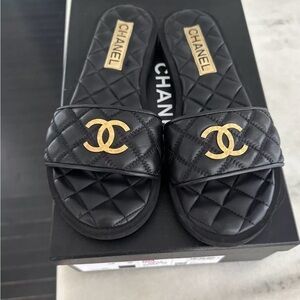Authentic chanel quilted leather slides black 38